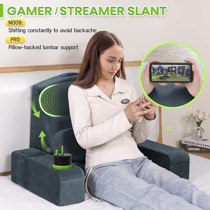 21 INCH Reading Pillow for Adults, Back Pillow for Bed Sitting Up, Backrest Pillow for Sitting in Bed, Detachable Arms with Built-in Cup & Phone Caddy (Dark Gray, 21 INCH) - Image 6