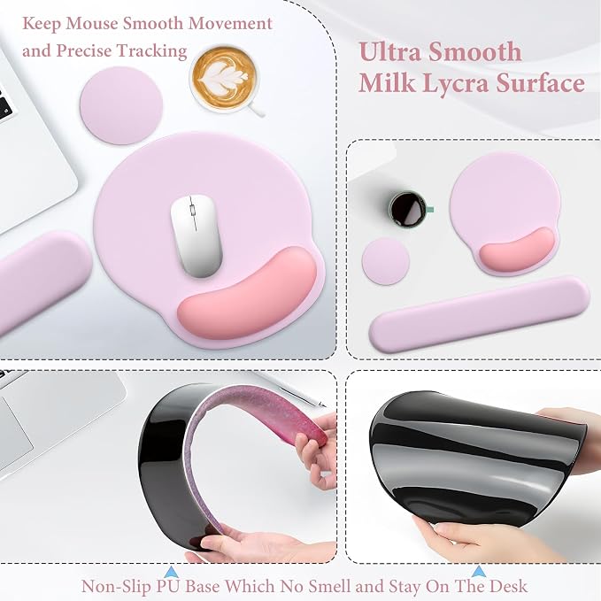 3 in 1 Ergonomic Mouse Pad and Keyboard Wrist Rest with Coaster Set-Pink - Image 3