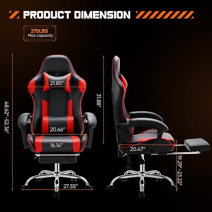 Sweetcrispy Gaming Chair, Ergonomic Computer Desk Chair, Lumbar Support | High Back PU Leather, Adjustable Headrest Footrest, Racing Video Office Home, Red - Image 3