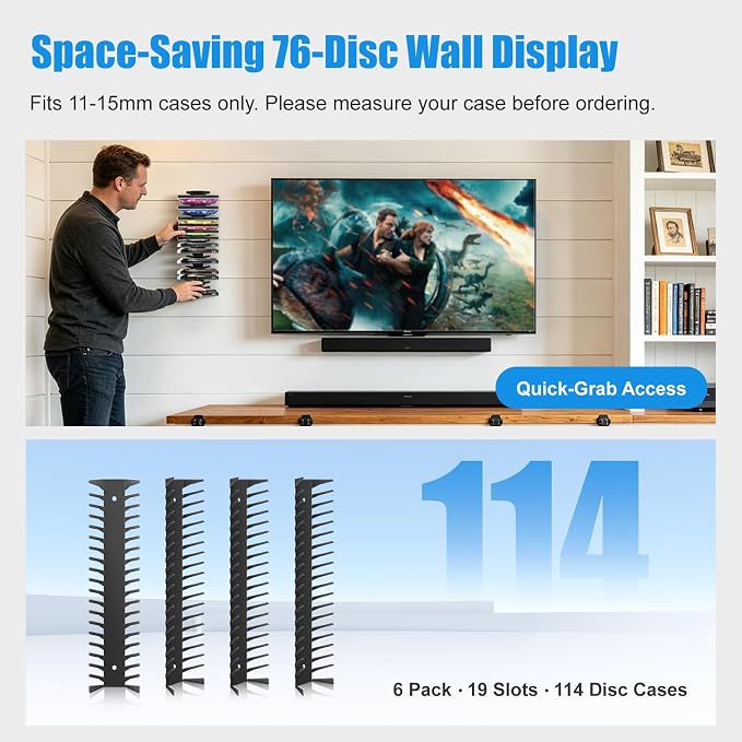 6 Pack DVD Shelf for Wall Mount, Floating Metal DVD Rack and Video Game Storage for Standard DVD CD Cases, Heavy-Duty Media Organizer Holder for PS, Xbox, PS5, PS4, Holds up to 114 - Image 6