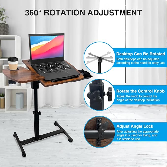 Overbed Table Height Adjustable Bedside Table Hospital Bed Table with 2 Tilting Desktops Mobile Laptop Desk with 2 Tilting Desktops Cup Holder Drawer for Office Home and Hospital - Image 4
