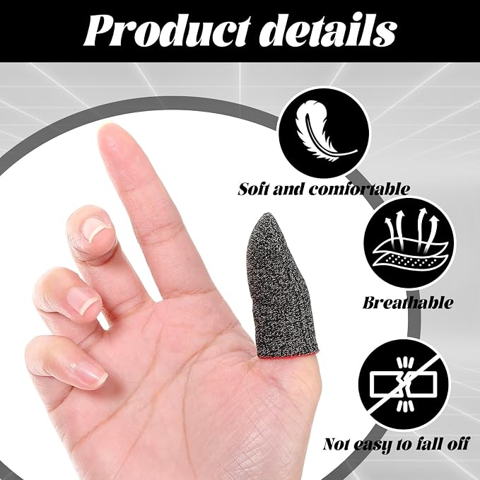 20 Pack Gaming Finger Sleeves Thumb Sleeves Mobile Gaming 0.3mm Silver Fiber Finger Gloves Smooth Feel Anti-Sweat Extremely Thin Fit Touchscreen Devices Phone Tablet Devices (Black) - Image 3