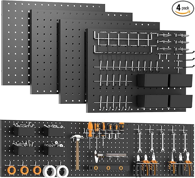 Black Peg Board, 4 Pack Metal Pegboard with Hooks, 71pcs Pegboard Kit, Pegboard Wall Organizer, Heavy Duty Peg Boards for Walls Home Office, Garage Tool Storage, Workbench, Craft Room by Unknown