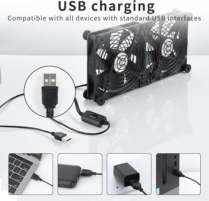 ELUTENG Dual AC USB Computer Fan 140mm USB Fans for Cooling 3 Speed Control - Image 2