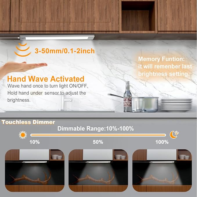 VST Hand Wave Activated Under Cabinet Lights Plug in, Closet Lights, Stepless Dimming Lighting for Kitchen Shelf Cupboard Closet Workbench (12in 3Pack 4000K) - Image 2