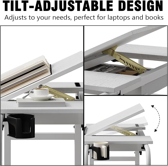 GiftGo Overbed Table with Wheels Rolling Laptop Desk Cart Table Height and Length Adjustable for Hospital and Home Use Over The Bed Table with Storage Drawer and Cup Holder (White, 31.5 to 47) - Image 4