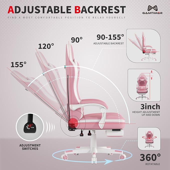 Gamtimer Gaming Chair with Footrest, Ergonomic Computer Chair, PU Breathable Material with Headrest and Lumbar Support, Suitable for Silla Gamer and Adults(Pink) - Image 6