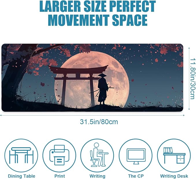 Japanese Samurai Gaming Mouse Pad, Desk Mat, Large Mousepad with Non-Slip Rubber Base XL Extended, Big Keyboard Mat Office&Home, Gamers, 31.5x11.8in, Cherry Blossom - Image 2
