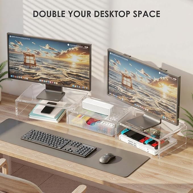 OPNICE Clear Acrylic Desk Organizers and Accessories, Dual Monitor Stand Riser with Drawer and 2 Pen Holders, Desk Shelf Computer Racks for Office Workspace Organizers, Desktop Organization (Transparent) - Image 4
