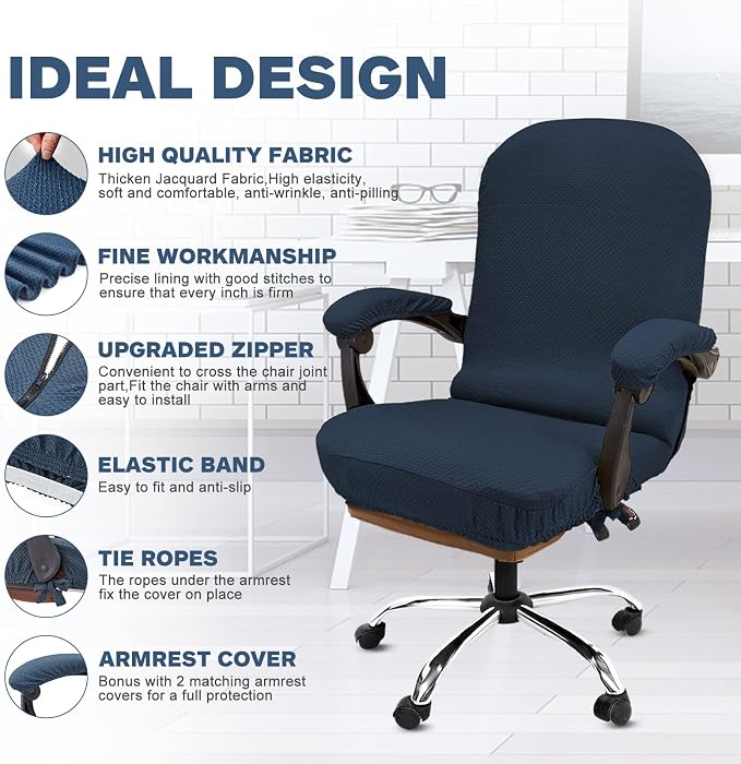 NeColorLife Oversized Office Chair Cover with Armrest Covers,XL,Navy Blue | Thick Stretch Jacquard Fabric; Fits Most Extra Large High-Back and Big & Tall Executive Chairs; Includes 2 Armrest Covers. - Image 2