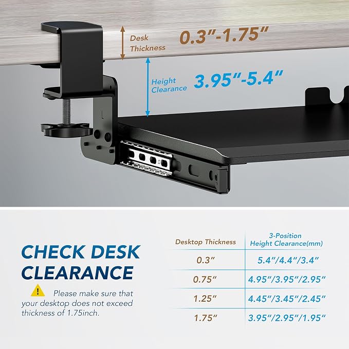 AX WABER Keyboard Tray Under Desk Pull Out with 3 Height Adjustable Extra Sturdy C Clamp Mount System, 32.8 (38 inch Including Clamps) x 12 Inch Slide-Out Platform Computer Drawer for Typing - Image 4