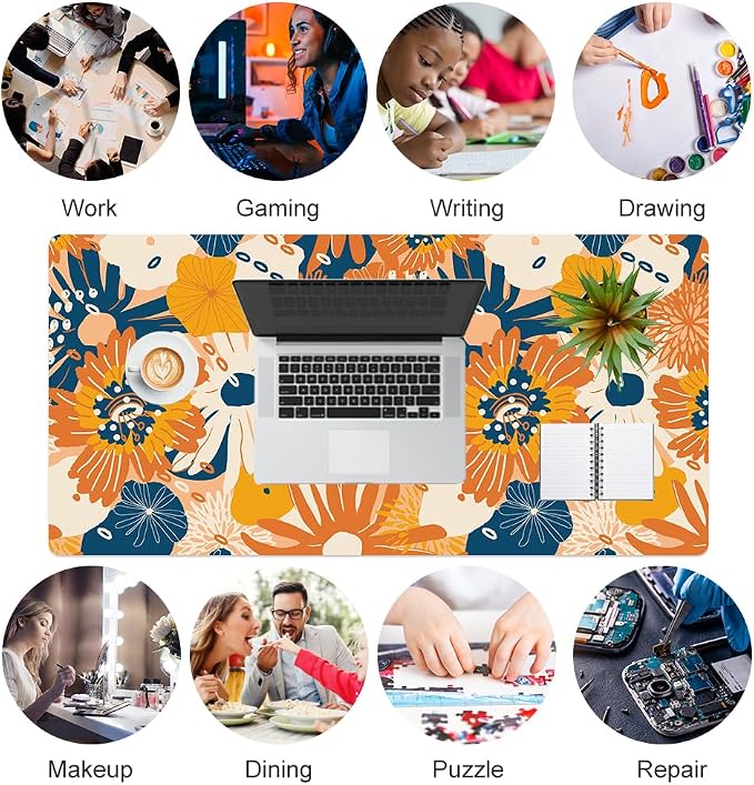 QiyI PU Leather Large Mouse Pad, Office Decor, 31.5" x 15.7", Orange Flower | Desk Décor Accessories, Extended Size, Waterproof & Easy to Clean, Smooth Surface, Non Slip Desk Organization - Image 7