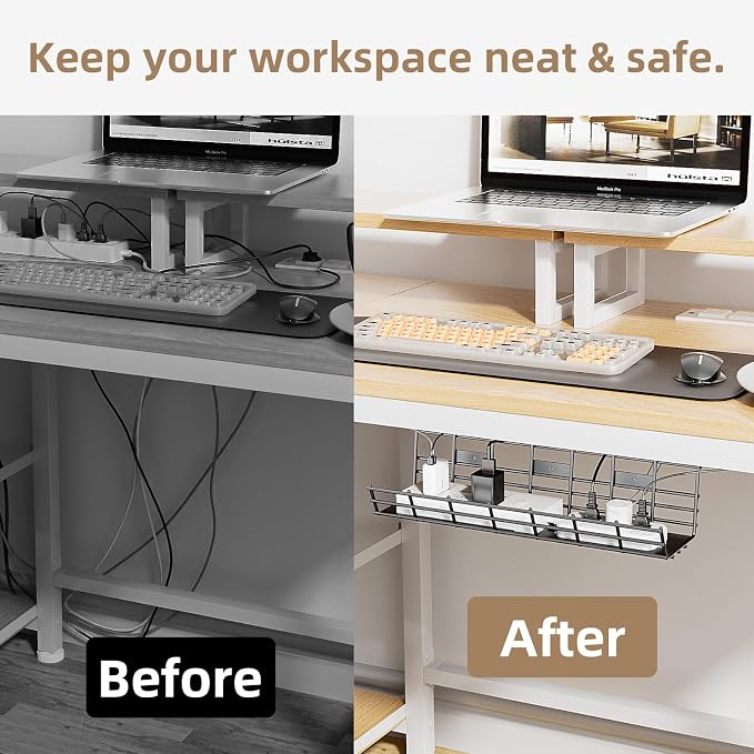 2 Pack DELAMU Under Desk Cable Management Tray, Large Metal Cord Organizer, Office & Home Cord Wire Management Under Desk Shelf, Easy Install Pre-drilled Cable Organizer, Black - Image 8
