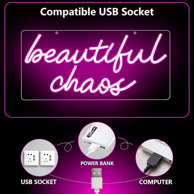 Beautiful Chaos Sign, Beautiful Chaos Led Neon Light Signs for Wall Decor Bedroom Home Bar Birthday Bachelorette Party Café Salon Wall Art Christmas Gift Dimmable USB Powered(16.9" × 7.9") - Image 5