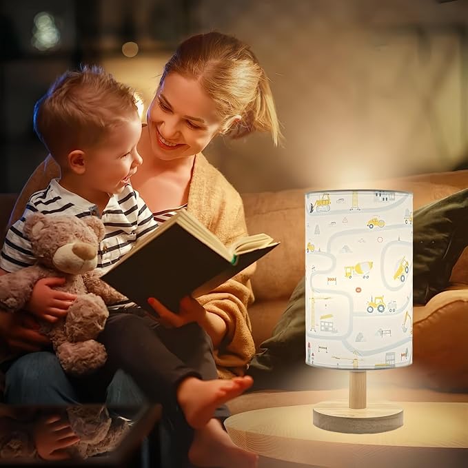 Kids Desk Lamp for Bedroom Boy,Reading Car Lamp,3-Way Dimmable Bedside Night Light with Cartoon Pattern Printed Shade and Wood Base for Kids Room Nursery Living Room Decor,Car Gift for Boys - Image 2