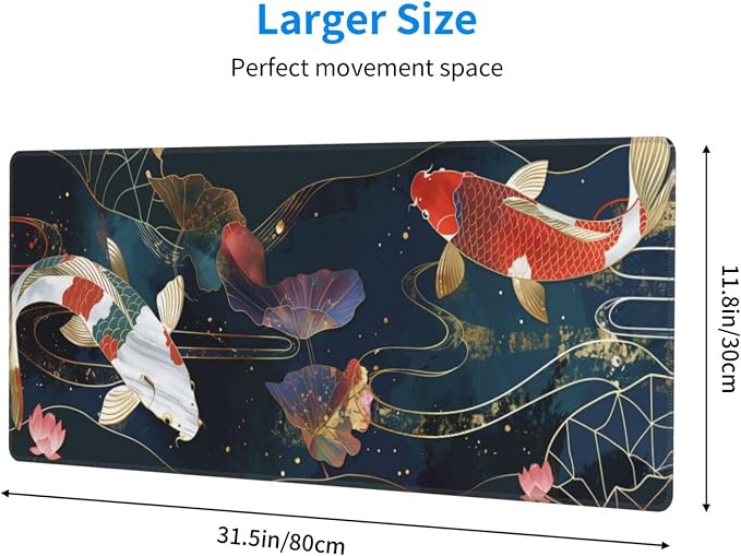 Gaming Mouse Pad Desk Pad,Extended Big Mouse Pad,31.5x11.8 Inch Long Computer Keyboard Mouse Mat Mousepad with 3mm Non-Slip Base and Stitched Edge for Gaming and Office… (koi) - Image 2