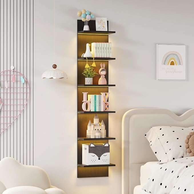 Qupui 6-Tier Wall Shelf with LED Remote, 57" Floating Storage, Black - Image 5