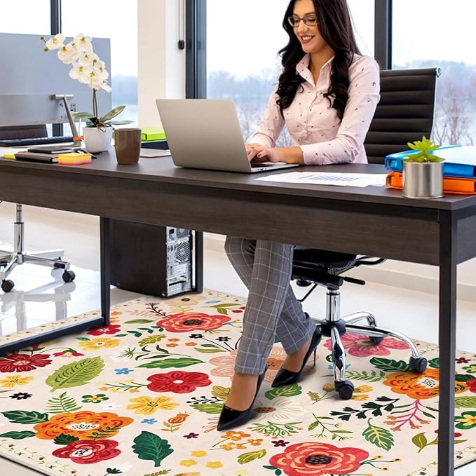 Office Chair Mat for Hardwood & Tile Floor,Boho Floral 60"x48" Office Computer Chair Mat for Rolling Chairs,Under Desk Non Slip Gaming Rug,Rubber Backing Large Low-Pile Carpet Protector Mat(Beige) - Image 5