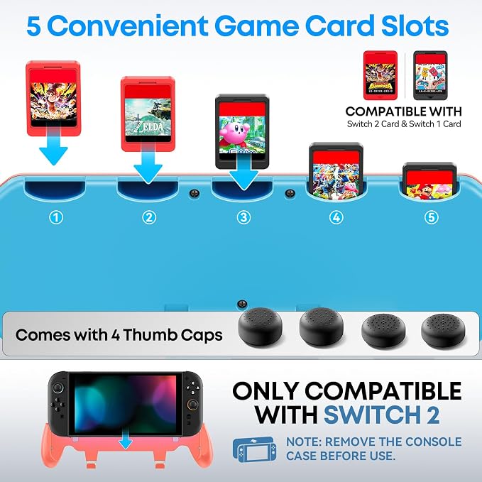 OIVO Grip Compatible with Nintendo Switch 2, Switch 2 Ergonomic Grip Case with Adjustable Stand, Comfort Game Accessories with 5 Game Card Slots and 4 Thumb Caps, Orange Blue - Image 2