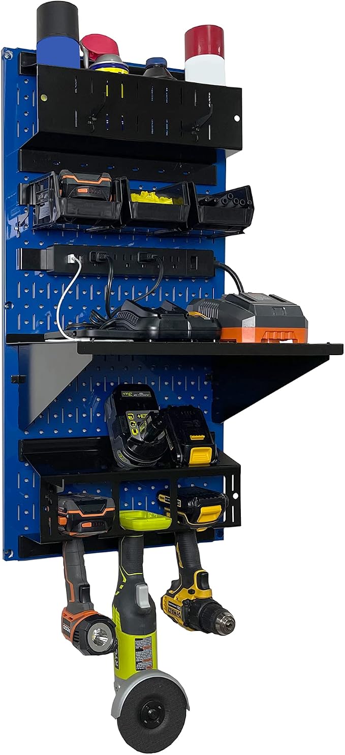 Wall Control Power Tool Storage Organizer Kit Cordless Drill Holder Charging Station Rack 16” x 32” Metal Pegboard Organization System (Blue Pegboard) - Image 3