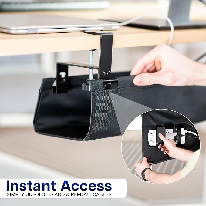 VIVO Clamp-on Under Desk 16 inch Fabric Cable Management Tray, Wire Concealer, Power Strip Storage, Workspace Organization, Easy Fold Down Access, Black, DESK-AC16F-C - Image 3