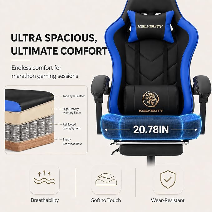 Office Desk Computer Gaming Chair for Adults, Ergonomic High Back Gamer Chair with Massage and Pocket Spring Cushion, Swivel Comfy Video Game Chairs with Footrest and Lumbar Support (Black Blue) - Image 5