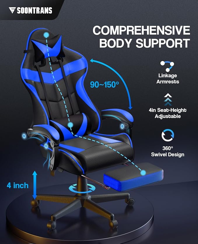 Soontrans Gaming Chair with Footrest,Computer Office Chair, Ergonomic Gamer Chair with Height Adjustment,Headrest and Lumbar Support Gamer Chair(Storm Blue) - Image 5