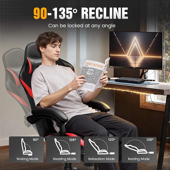GTPLAYER Gaming Chair with Foot Rest & Pocket Spring Cushion, Ergonomic High Back Computer Chair with Headrest & 360°-Swivel Seat for Home Office Desk, PU Leather, Red - Image 6