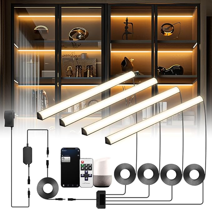 Black Shelf Lights, LED Bookcase Lighting Compatible with Alexa, WiFi Dimmable 2700K Under Shelf Lighting for Bookshelf, Display Case, Cabinets with App, Remote, Memory Function (4Pack 12In) by Unknown