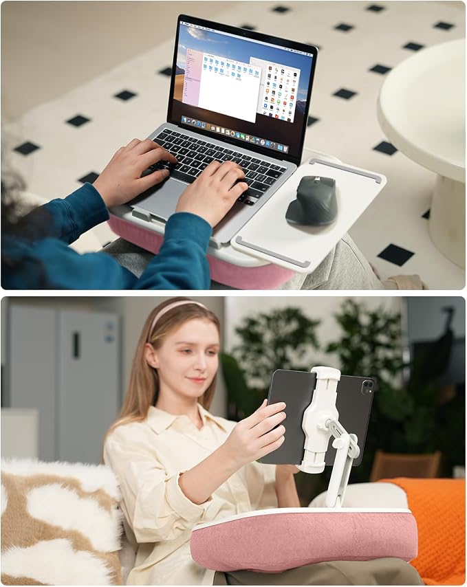 Viozon Kindle Pillow Stand Holder, Phone Holder for Bed, Laptop Lap Desk with Mouse Pad,Compatible with 4.7-13" Kindle/Tablet/Phone,10-15" Laptop, Snack Bowl&Cup Attachment&Detachable 360° Stand Arm,P - Image 3