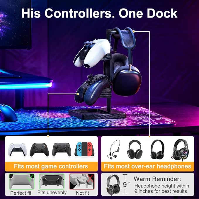 Solid Wood Controller Holder and Headphone Stand, Controller Stand for Desk | Dual Gaming Controller Organizer Rack, Fits Xbox, PS4, PS5, Gamepad, Headset Holder for Son, Husband, Boyfriend-Black - Image 4