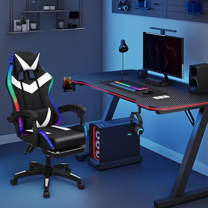 Gaming Chair with 2 Bluetooth Speakers & Lights, Ergonomic High-Back Office Chair with Headrest & 135° Recline, 360° Swivel Height Adjustable Faux Leather Computer Chair for Gaming, Office & Study - Image 2