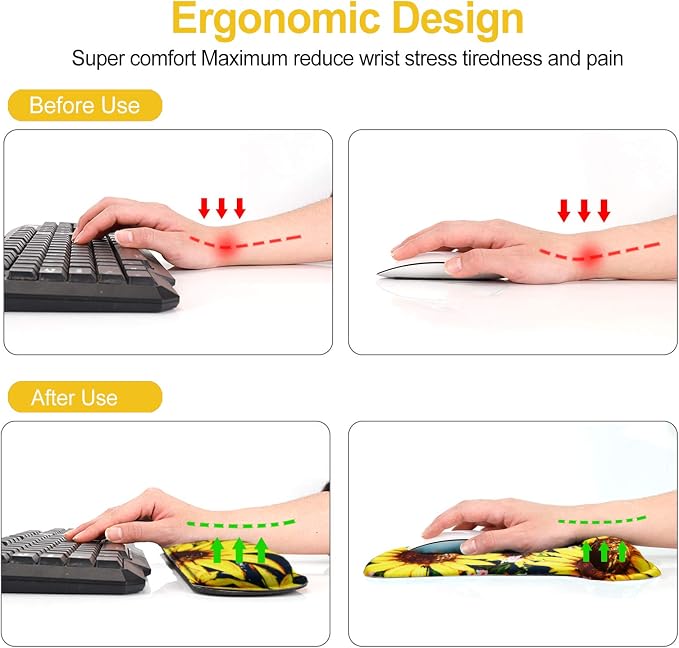 ToLuLu Keyboard Mouse Pad Wrist Rest Set, Gel Ergonomic Mouse Pads for Computer Laptop Office Home, Comfortable Mousepad Keyboard Wrist Support Memory Foam for Easy Typing Pain Relief, Nice Sunflower - Image 5