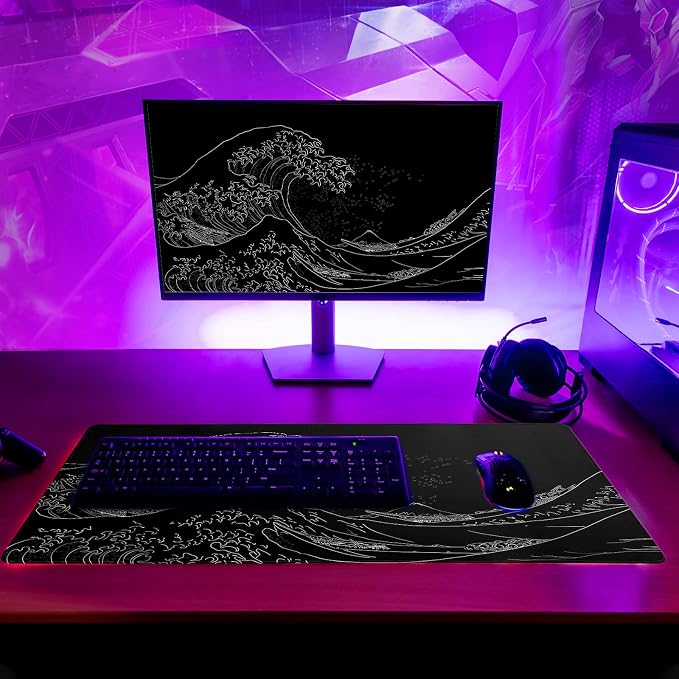Brecoy Japanese Sea Wave Large Mouse Pad, Anime Black Gaming, Extended Kanagawa Mat Desk Pad, 3mm Thick Long Non-Slip Rubber Base Mice Pad, 31.5 X 11.8 Inch - Image 6