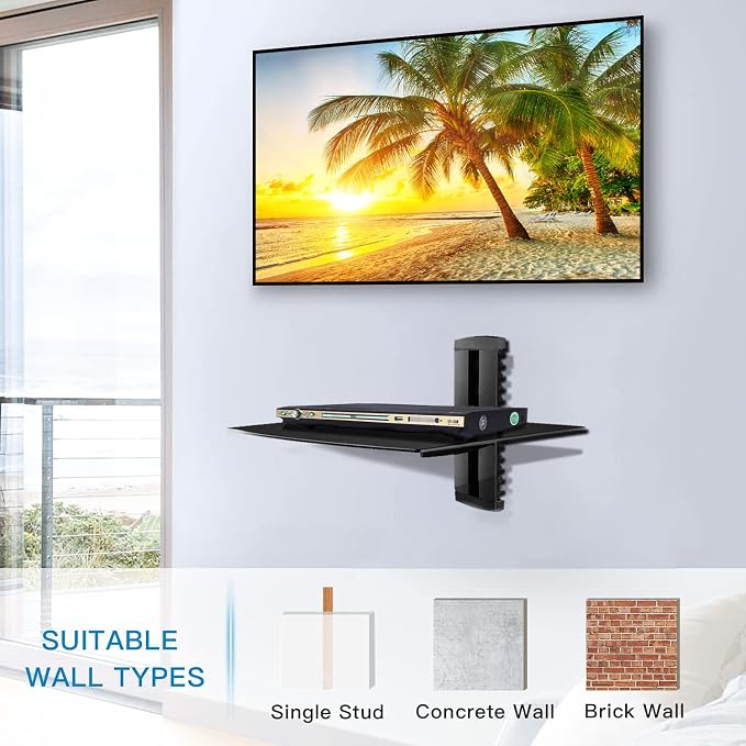suptek Single Floating Shelf Wall Bracket with Strengthened Tempered Glass for DVD Players/Cable Boxes/Games Consoles/TV Accessories 1 Shelf, Black, CS201 - Image 6