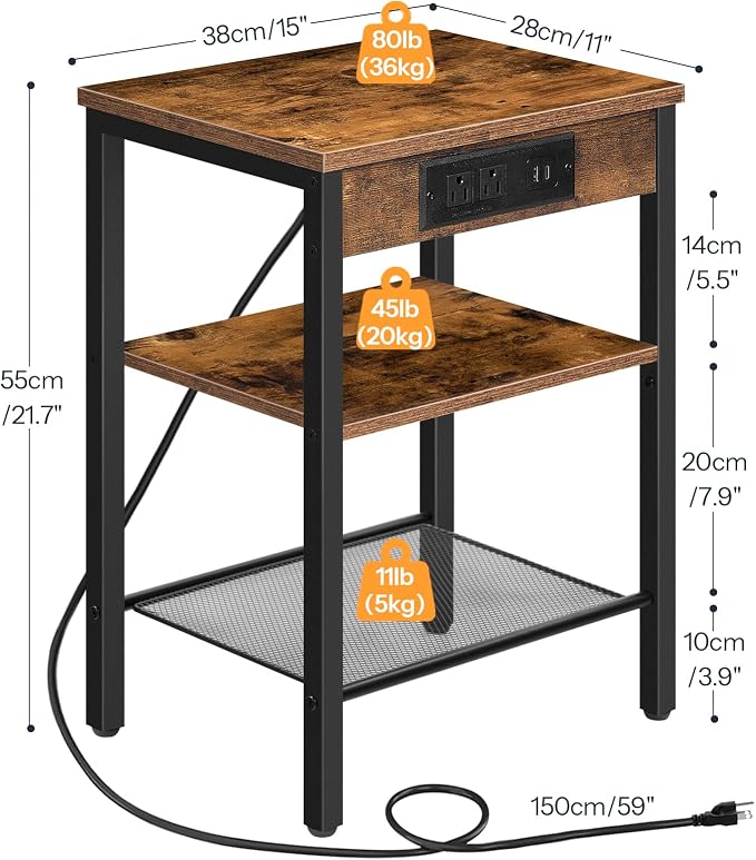 HOOBRO Side Table with Charging Station and USB Port, Small End Table for Small Space, 3-Tier Nightstand with Adjustable Shelf, for Living Room, Bedroom, Rustic Brown BF112BZ01 - Image 3