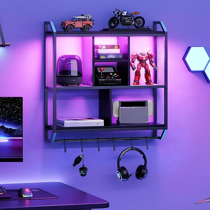 HOOBRO Gaming Floating Shelves with LED Lights, 28.7" LED Wall Mounted Shelf, 3-Tier Display Rack for Wall Storage, Floating Rack with Hanging Rod and 6 S-Hooks, for Gaming Room, Black BB70DBJ01 - Image 9