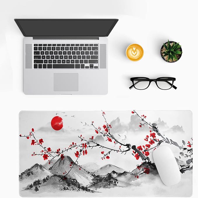 Japanese Cherry Blossom Gaming Mouse Pad 27.6x11.8 Inch Pink Full Desk Sakura Large Non-Slip Rubber Base Waterproof Big Keyboard Mat With Stitched Edges for Office - Image 2