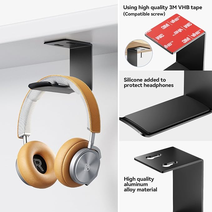 Aluminum Headphone Hanger, Under Desk Adhesive Mount, 10 lb Capacity - Image 2