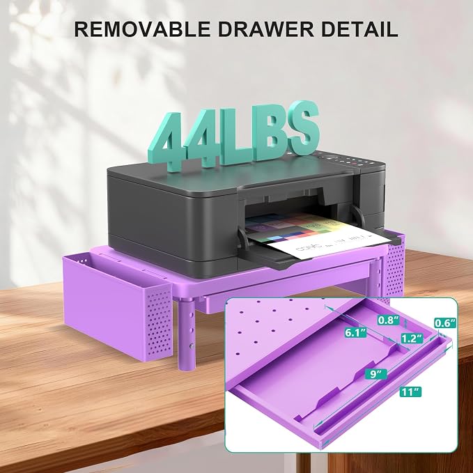 WALI Computer Monitor Stand with Storage and Pen Holder | 3 Height Adjustable Desk Organizer with Drawer, Desk Laptop Monitor Riser for Computer, Printer(PTT003-V), 1 Pack, Violet - Image 4