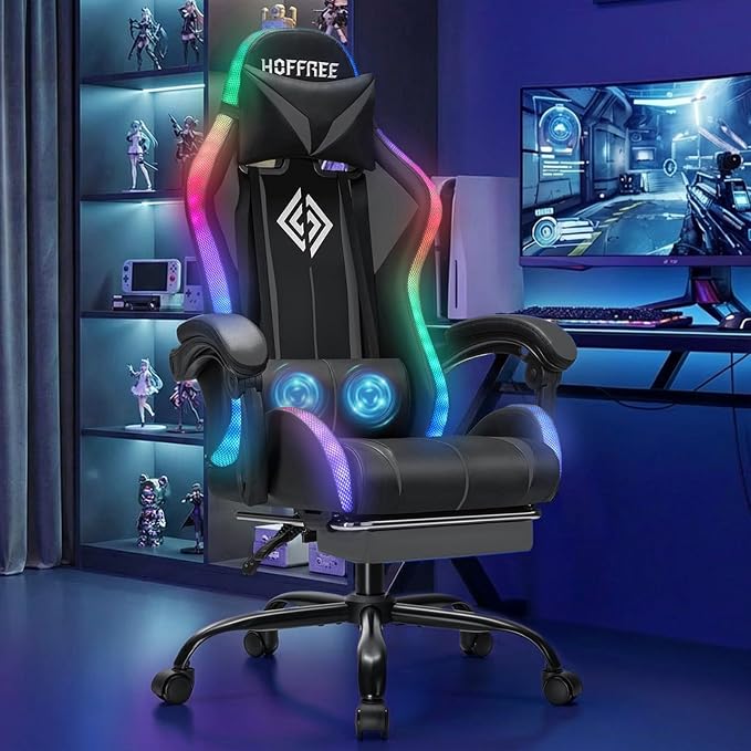 RGB Gaming Chair with LED Lights Massage Ergonomic Computer Chairs-Grey | High Back Video Game Chair with Footrest & Adjustable Lumbar Support Gamer Chairs for Adults Racing Style Recline by Vanspace