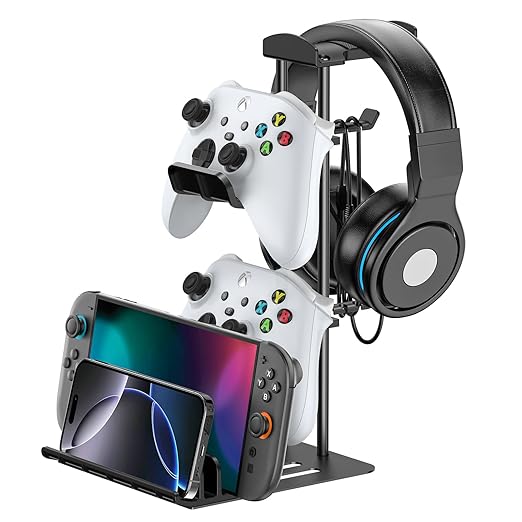 KDD Headphone Stand, Controller Holder & Headset Holder for Desk, Earphone Stand with Aluminum Supporting Bar, Universal Storage Organizer Headphones/Controller/Switch/Mobile Phone by KDD