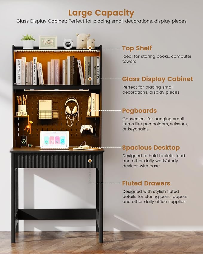 HNEBC Black Computer Desk - with Power Outlets & Chariging Station,Small Writing Desk with Hutch and Drawers,66.3''H Office Desk with Pull-Out LED Lights,Pop-up Glass Door,Pegboards,Bedroom - Image 7