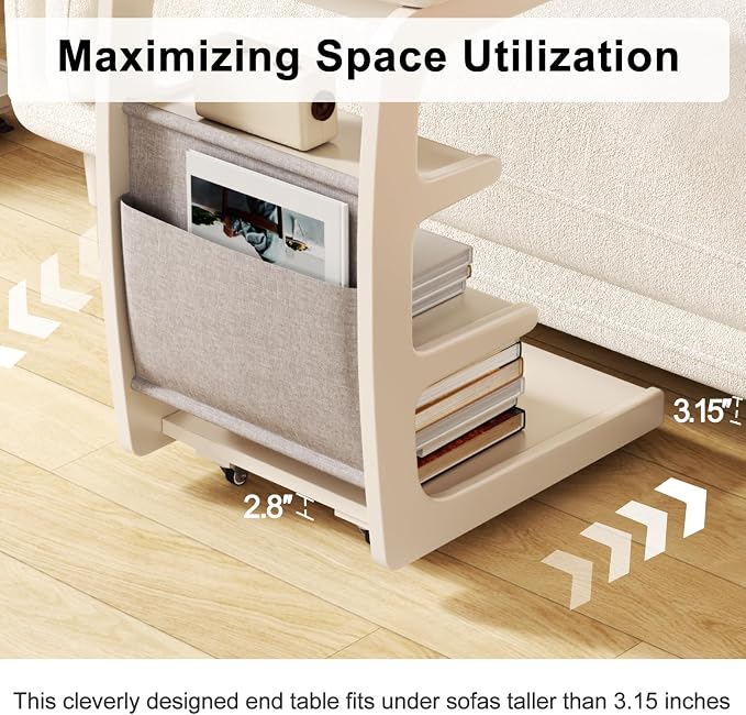 AQIMUELE Rolling Side Table, C Shaped End Table, C Table with 4 Wheels Solid Wood Small Rolling Desk with Adjustable Desktop,C Shaped End Table for Couch,Home Office(15.6" D x 23.6" W x 24.3" H) - Image 5