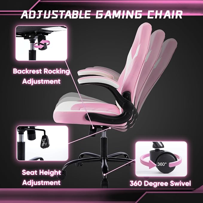 DUMOS Computer Gaming Chair, Home Office Desk Chair, PU Leather | PU Leather, Flip-up Armrest, Swivel Wheels, Lumbar Support, Video Game, Height Adjustable, White and Pink - Image 7