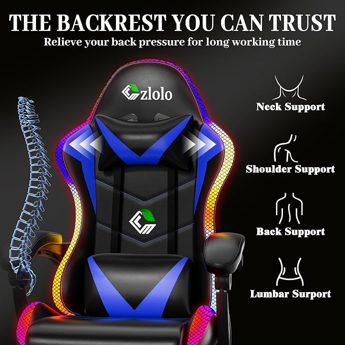 Czlolo Gaming Chair, Racing Style RGB LED Lights Gaming Chairs for Adults and Kids, Lumbar Massager Gamer Chair, High Back Reclining Computer Chair with Footrest and Headrest (Black/Blue) - Image 8