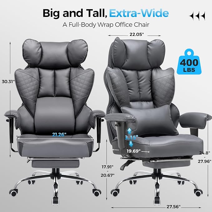 COMHOMA Big and Tall Office Chair Heavy Duty Wide Ergonomic Gaming Chair with Deluxe Embossing Designed Leather with Foot Rest,150°Reclining Adjustable Armrests Pocket Spring Back Support and Pillow - Image 2