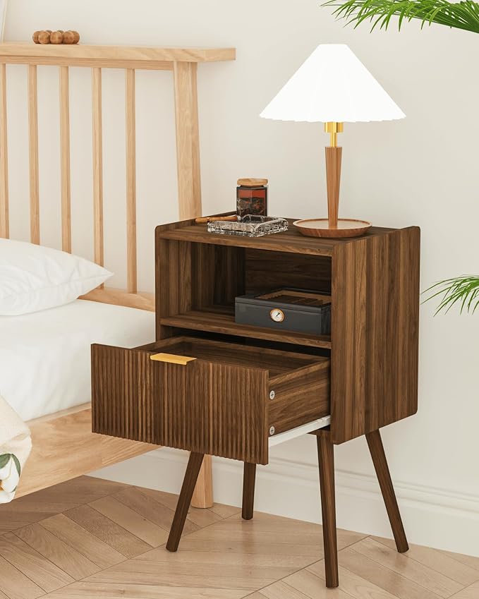 Veegle Nightstand,Modern Bedside Table with Storage Drawer and Open Wood Shelf, Accent Night Stand with Solid Wood Legs for Living Room, Bedroom and Small Spaces,Easy Assembly (Walnut Brown) - Image 7