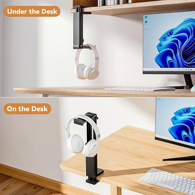 Headphone Stand & Hanger for Desk, 2 in 1 Above & Under Desk Gaming Headset Holder Mount with Height Adjustable & Rotating Clamp, Dual-sided Anti-slip Pad Earphone Rack with Clamp Headset Stand - Image 4
