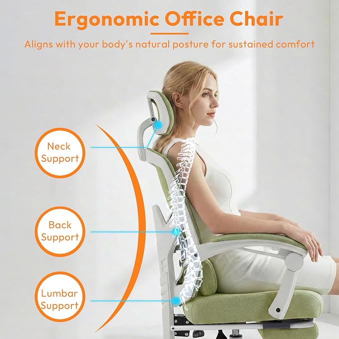 Home Office Desk Chair, Comfortable Mesh Chair with Foot Rest, Light Green | Reclining Gaming Chair with Headrest and Lumbar Support, 90°-130° Reclining, Silent Swivel - Image 8